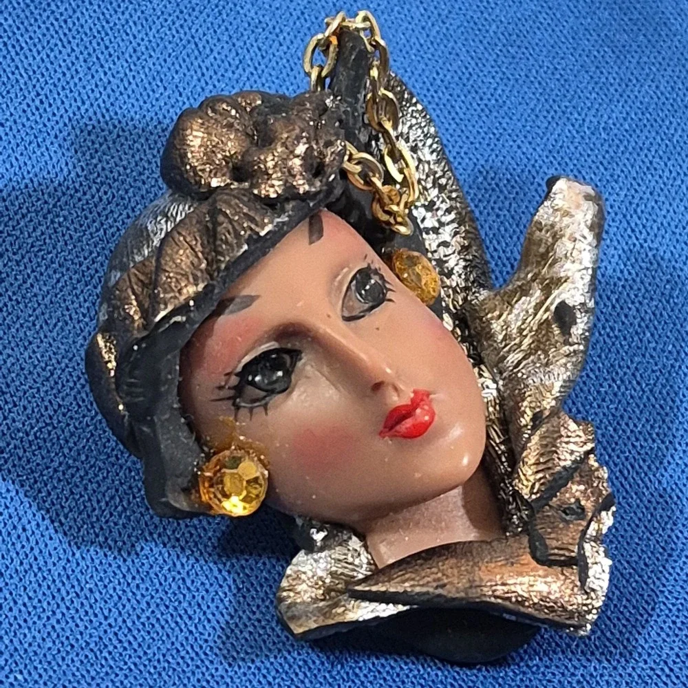 VTG Hand Painted Art Deco Lady Brooch Pin 2